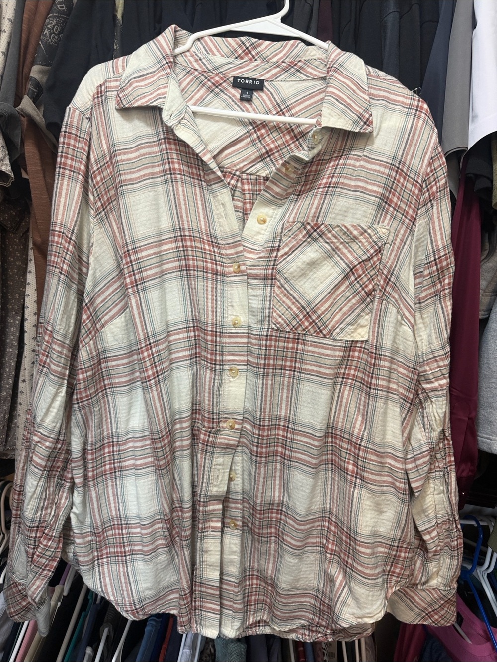 torrid Cream and Red Plaid Button-Down Shirt